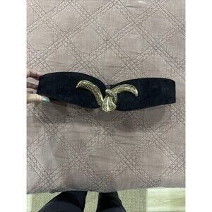 Vintage 80's Wide V Belt Black Suede Ornate Gold Etched Hook Buckle Art to Wear